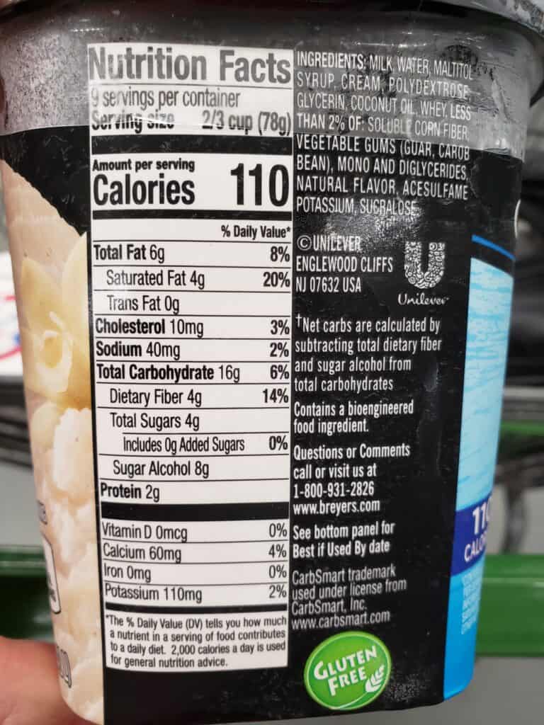 Breyers carb smart vanilla ice cream label