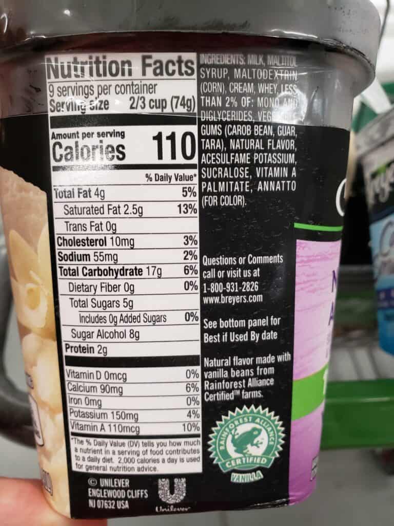 Breyers no sugar added vanilla ice cream label