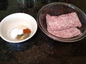 pork in one bowl, seasonings in another