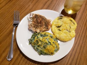 Blackened Salmon on a plate with Low Carb Jalapeno Cheddar Cheese Biscuits and Creamy Cheese Spinach